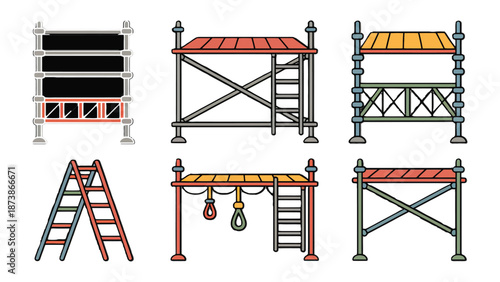 Construction Scaffold Variety: A detailed illustration showcasing diverse types of construction scaffolding, each designed for specific purposes in construction environments.