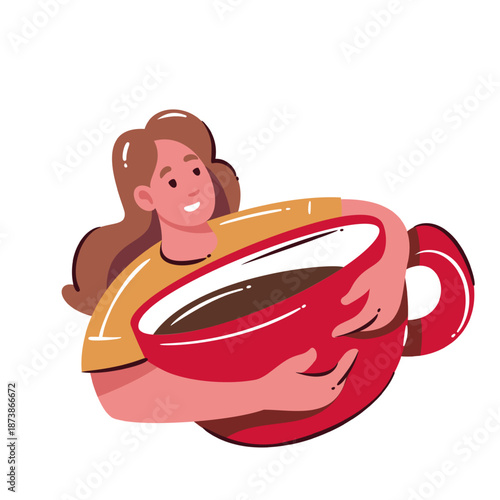 Huge coffee cup hugged by smiling woman in simple cartoon doodle style with warm cozy vibe. Vector illustration repeating the oversized coffee cup as fun big coffee mug element