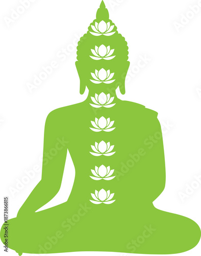 Green Buddha Silhouette with White Lotus Symbols