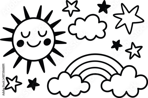 Black and white cartoon sun with stars and rainbow