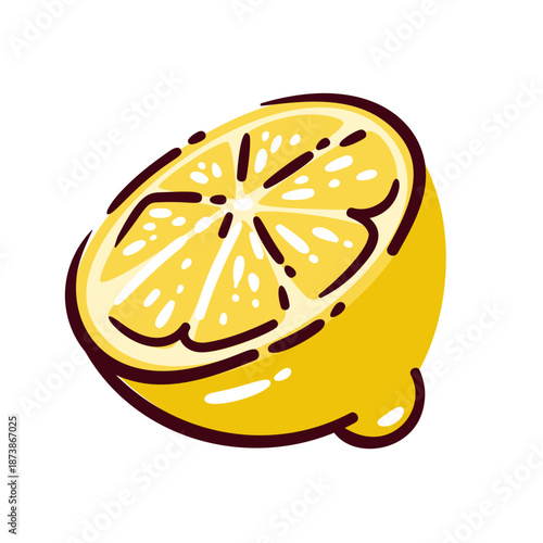 Fresh lemon slice with bright yellow pulp and rind, juicy citrus fruit cut in half. Simple cartoon doodle style, modern flat design for food icons and graphic elements. Vector illustration.