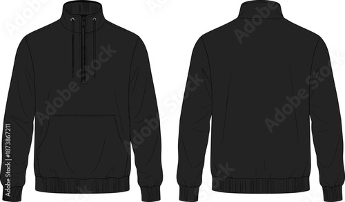 Black quarter zip sweatshirt mockup vector template featuring front and back view with long sleeves and pocket for apparel fashion branding design