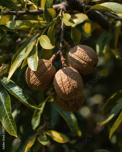 Ripe walnuts on a tree branch