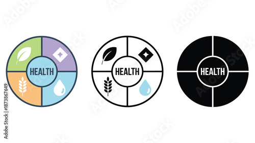 A set of colorful health icons representing wellness and nutrition