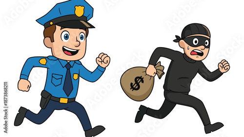 A cartoon police officer chasing a thief with a bag of money.