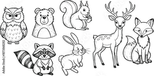 Forest animals doodle icon set. Cute hand drawn sketch illustrations of fox, deer, squirrel, bear, rabbit, raccoon, owl. Black and white cartoon