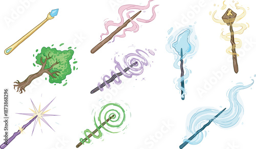 Collection of Hand Drawn Magic Wands and Wizard Staffs with Colorful Energy Swirls and Glow Effects Isolated on White Background for Fantasy Game Design