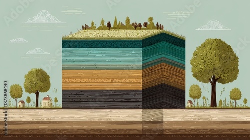 Roots connect to deep stone layers showing the foundation of growth and development within a natural landscape featuring trees and fields