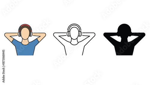 A set of three illustrations of people wearing headphones and relaxing