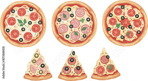 Set of Delicious Pizza Illustrations Including Whole Pizzas and Slices with Salami Mushrooms Olives and Tomatoes Isolated on White Background for Italian Restaurant Menu