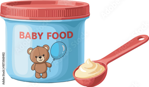 Baby Food Container with Teddy Bear Design and Spoon with Creamy Puree Illustration Isolated on White Background for Healthy Infant Nutrition and Parenting Concept