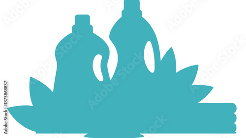 A teal silhouette of two bottles on a lotus flower against a white background
