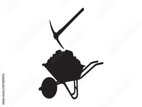 A black silhouette of a garden wheelbarrow with a shovel