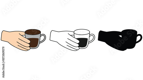 A hand holding a cup of coffee in different illustration styles