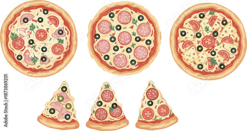 Set of Delicious Pizza Illustrations Including Whole Pizzas and Slices with Salami Mushrooms Olives and Tomatoes Isolated on White Background for Italian Restaurant Menu