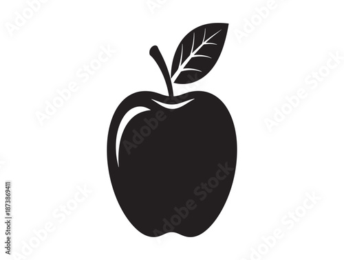 A black silhouette of a shiny apple with a leaf on top