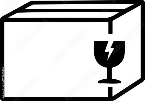 Minimalist black and white line art icon of a fragile shipping box