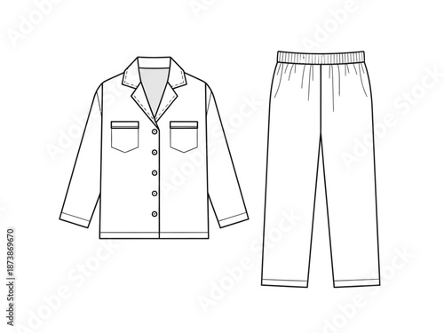 Black and white technical drawing of a pajama set buttonup shirt and drawstring pants