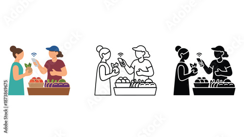 A woman buys fresh produce from a vendor at an outdoor market