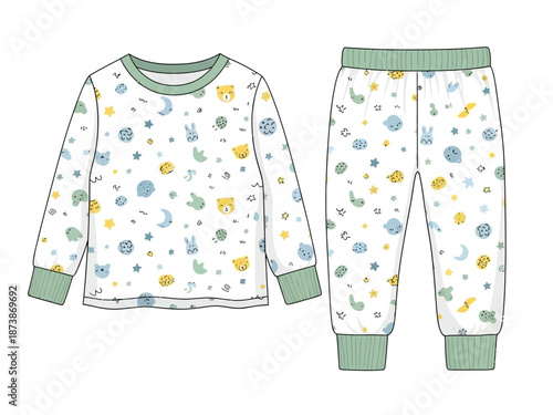 A white childrens pajama set with a colorful celestial and animal print