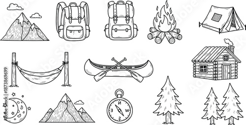 Collection of Line Art Icons Representing Camping and Outdoor Adventures, including Mountains, Tents, Campfires, and the Sun and Moon
