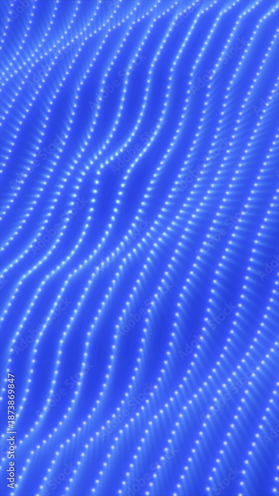 Naklejka premium Abstract blue particle wave grid with glowing dots forming flowing digital curves, symbolizing data streams, technology, and futuristic motion