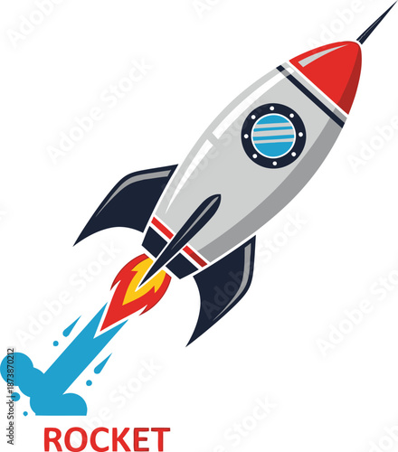 Toy rocket ship flying through the air isolated vector illustration on white background