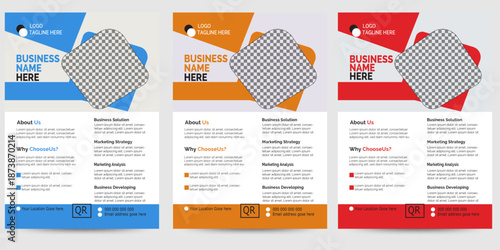 Innovative corporate business  flyer design set with abstract shapes and a polished layout in  of orange, red, and blue.background