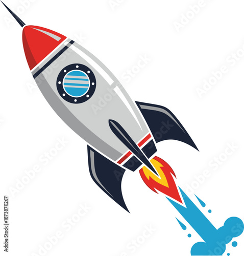 Toy rocket ship flying through the air isolated vector illustration on white background