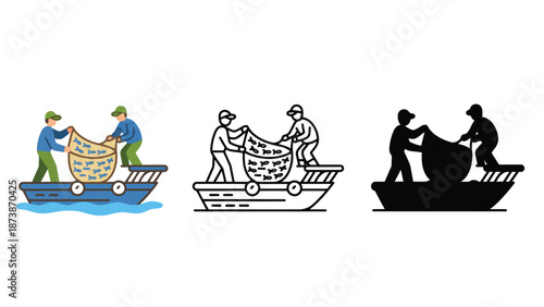 Illustrations of fishermen working together on a boat in different styles