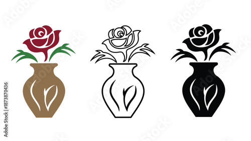Three stylized rose illustrations in different colored vases on white background