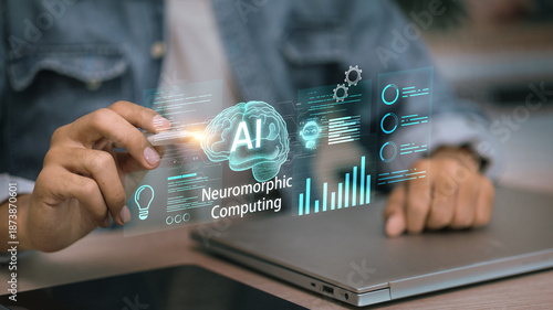 Developer working with Neuromorphic Computing virtual interface and AI brain icons.