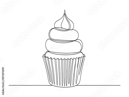 A black and white illustration of a frosted cupcake with a decorative wrapper