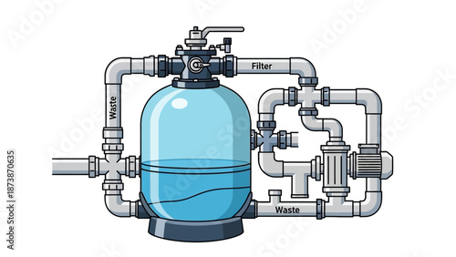 Industrial water filtration system with pipes and tank in a processing facility