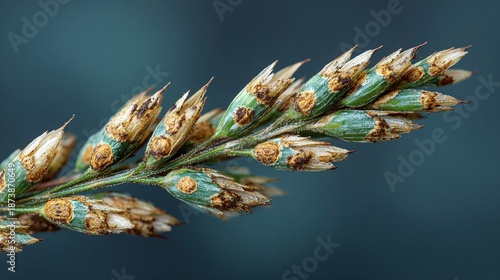 Close up of a wheat ear with brown spots, highlighting the intricate texture and details of the grain against a blurred backdrop. Nature's artistry unveiled.