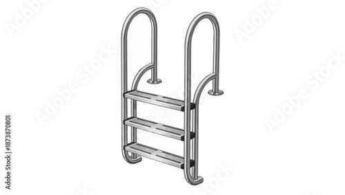 Metal pool ladder with three steps against a white background viewed from the side