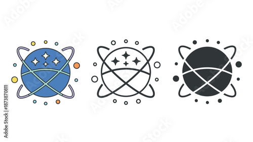 Three colorful planet icons with stars and orbits on a white background