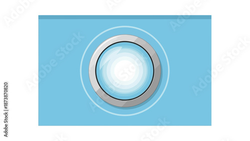 A camera lens is centered on a blue background, viewed from a straightforward perspective.