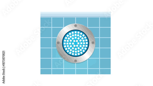 A circular metal drain cover with blue tiled surround and grid pattern is visible from directly above.