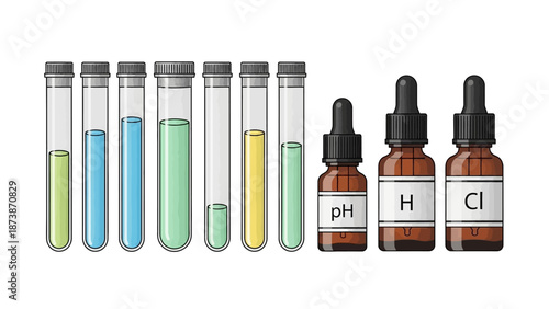 Laboratory test tubes with colored liquids and bottles labeled pH, H, and Cl on a white background