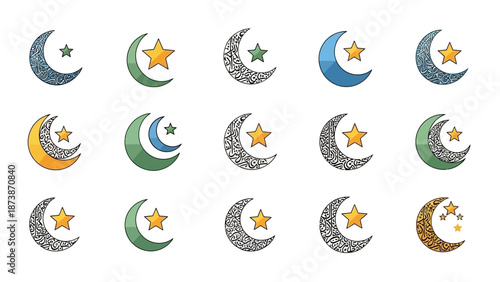 Set of Islamic crescent moon and star symbols with intricate traditional patterns for religious holidays