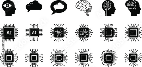 Artificial intelligence and human brain icon set with AI chips, neural network symbols, technology thinking concepts isolated on white background