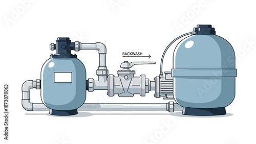 Industrial water treatment system illustration showing filtration process and equipment