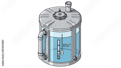 Technical illustration of a cylindrical tank with pipes and valves in an industrial setting