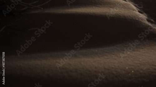 A macro shot captures the soft, uneven texture of fresh snow on the ground at night, illuminated by warm street lighting. This detail evokes the quiet of a winter evening.