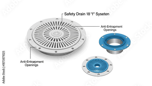 Detailed illustration of a safety drain system with anti-entanglement openings and components