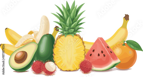Fresh Tropical Fruit Composition with Sliced Pineapple Watermelon Avocado Bananas Rambutan and Orange Isolated on White Background for Healthy Food and Diet Concept