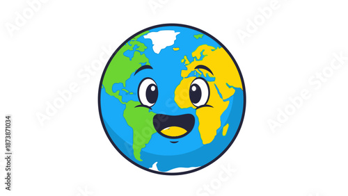 Cheerful Smiling Planet Earth Character Illustration, Happy Globe Mascot for Environmental Awareness and Ecology, Green and Blue World Map Concept, Flat Vector Art