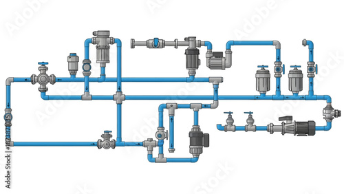 Industrial pipeline system with valves and machinery in a complex network configuration