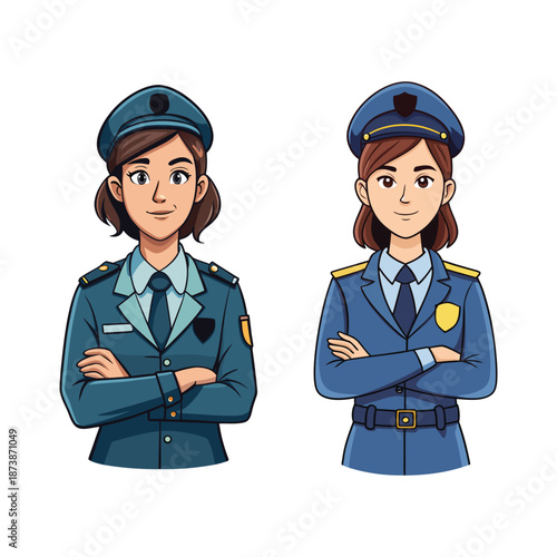 Cartoon Female Police Officers Standing with Arms Crossed